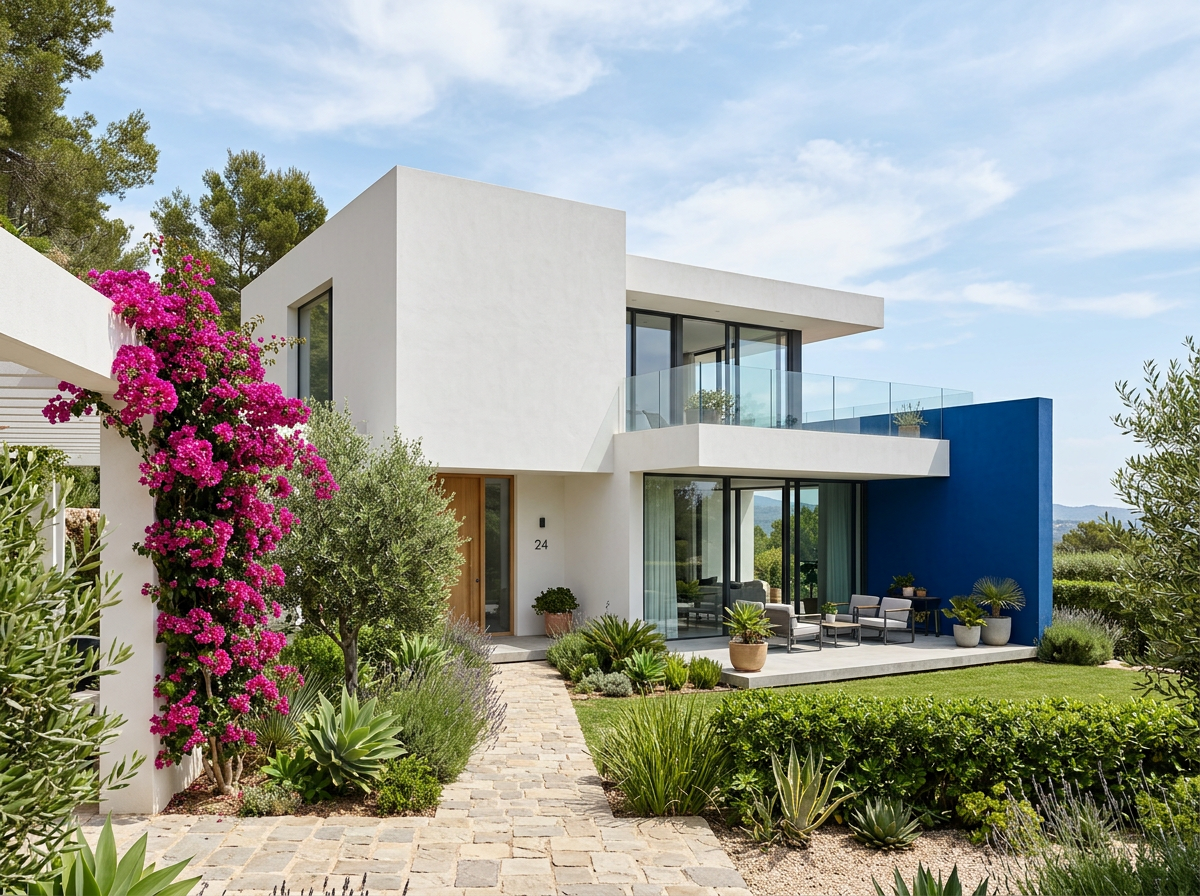 Fachada de la casa modelo Valencia de volúmenes blancos con muro azul